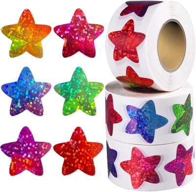 BOTC Stickers Op Rol – 2.5 cm – 1500 stickers – Glitterende ster zelfklevende foliestickers – Beloningsstickers voor kinderen – Set van 3