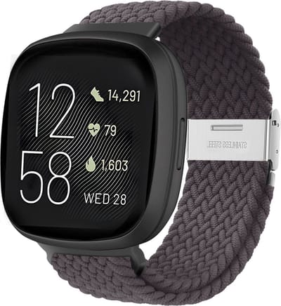Strap-it Smartwatch bandje - Verstelbaar gevlochten nylon bandje - geschikt voor Fitbit Versa 3 / Fitbit Sense - grijs