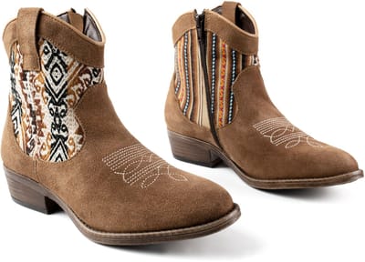 Inkkas Desert Western Boot dames cowboylaars – lichtbruine suède Western enkellaars met authentiek Peruaans textiel & rubberzool – comfortabele hak – duurzame keuze, maat 37