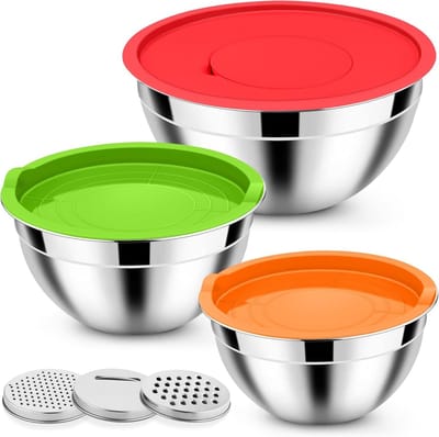 Mixkommen Set van 3 Stuks met Deksel, RVS Meng- en Serveerkommen met Raspaccessoires, Ideaal voor Salades en Bereidingen, Stapelbaar en Ruimtebesparend