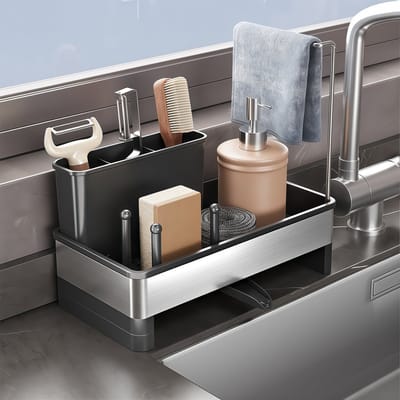 Organizer - Vaatdoekhouder - Keukenorganizer - Gootsteen organizer -Sponshouder - Gootsteenorganisers - Roestvrij staal organizer - Ruimtebesparend - Met draaibare afvoer - Voor borstels - Afwasmiddel - Vaatdoeken - Keuken - Thuis - 24.8X12.8X21CM