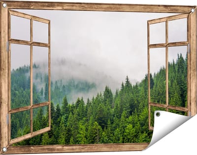 Gards Tuinposter Doorkijk Groen Bos met Bomen tijdens de Mist - 90x60 cm - Tuindoek - Tuindecoratie - Wanddecoratie buiten - Tuinschilderij