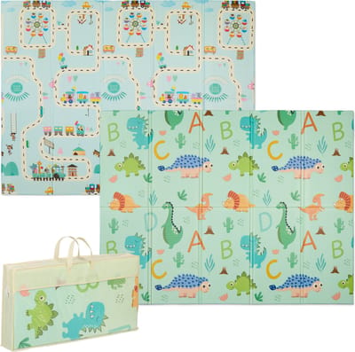 XXL Baby Speelmat 200x150 cm - Dubbelzijdige Schuimmat met Dinosaurussen & Treinspoor - Opvouwbaar Speelkleed met Draagtas