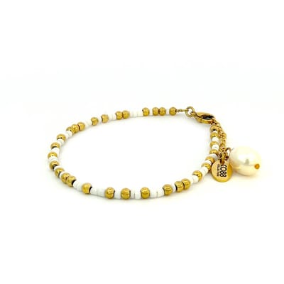 CO88 Colection 8CB-91025 Stalen Armband met Kralen - Dames - Goudkleurig - 3 mm - Wit - 2,5 mm - Parel - 12,5 x 7,5 mm - 16,5 + 3 cm