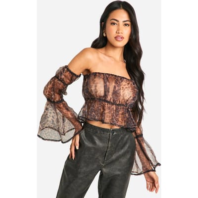 boohoo Dames Organza Luipaardprint Bardot Crop Smock Top | Maat: 34
