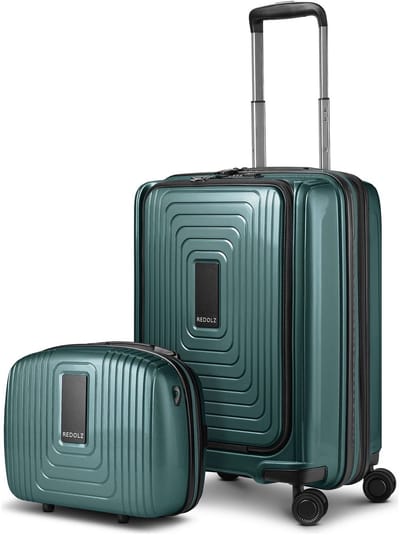 Redolz Essentials 14 kofferset 2 stuks cabine trolley met stretch vouw + beautycase - Harde bagage - TSA slot - pearl-green metallic