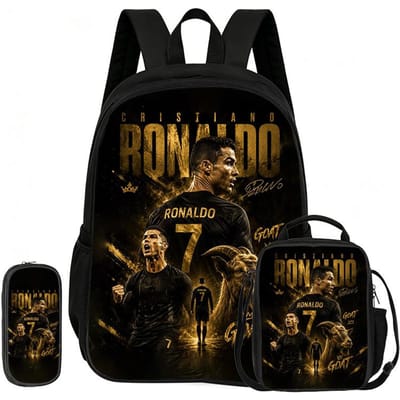 Voetbal Sportrugzak Ronaldo 3-delige Set Schoolrugzak Leren, Reizen Etui, Lunchtas, Voetbalster Boekentas black