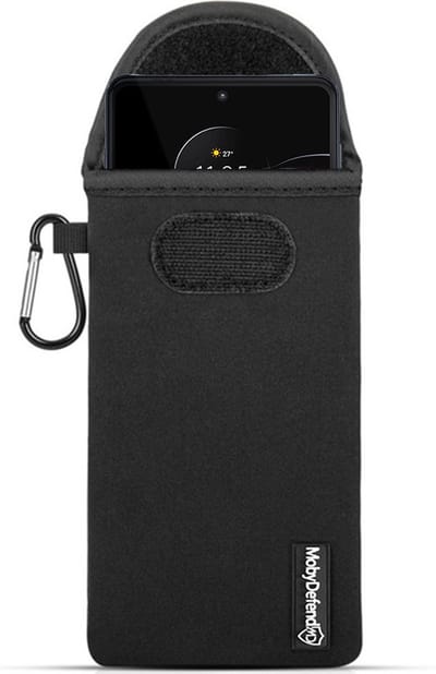 MobyDefend Hoesje - Geschikt voor Motorola Edge 20 Pro - Neopreen Pouch Met Karabijnhaak - Insteek - Riemlus - Zwart