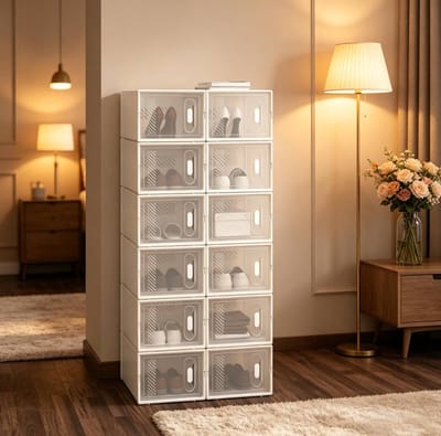OKWISH Schoenenopbergbox – Modulair Stapelbaar 12-Delig – 25 x 18,5 x 35,5 cm – Transparant Voorpaneel – Kunststof Wit Transparant