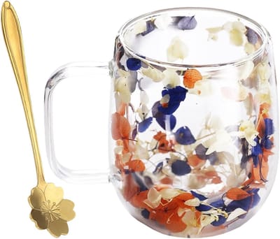 Dubbele Wand Glazen Koffiemok 350 ml - Perfecte Cadeau voor Vrouwen, Moeders en Vrouwen in Blauw-Geel - Ideaal voor Koffie en Thee
