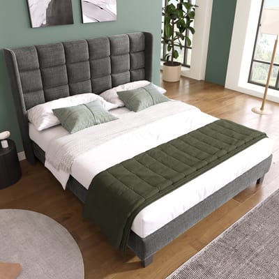 Gutent Gestoffeerd bed, Grijs(Zonder matras), 140x200 cm, Linnen, met Gestoffeerd hoofdbord, Eenpersoonsbed met lattenbodem, medium stevigheid, modern design