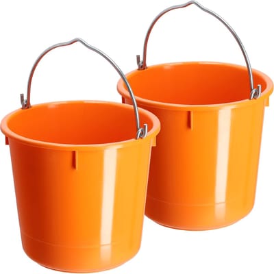 KADAX Bouwemmer 12 l, mortelemmer van kunststof met handvat van zinkdraad, emmer, cementemmer, mortelbak, poetsemmer, wateremmer, tuinemmer, kunststof emmer (oranje, 2 stuks)