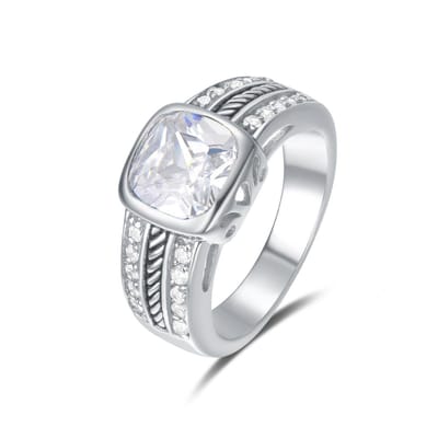 Quiges - Ring Klassiek Solitair in Vintage Stijl van 925 Zilver met Zirkonia Transparant Vierkant - QSR07417