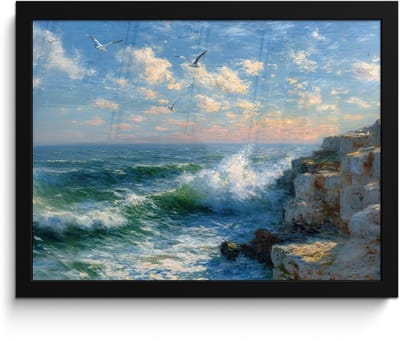 Poster in lijst - Fotolijst 40x30 cm - Posters - Zee - Golven - Rotsen - Meeuwen - Posterlijst zwart - Decoratie - Wanddecoratie woonkamer - Muurdecoratie slaapkamer