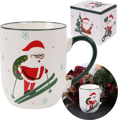 Witte feestelijke porseleinen mok, Kerstman op ski's 420ml