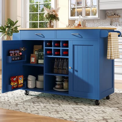 BLACKCOLORS Modern keukeneiland (102 × 45 × 92 cm), keukenkast, buffetkast, serveerwagen met houtnerf, buffetkast, multifunctionele eettafel met opbergruimte, blauw