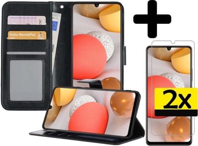 Hoesje - Met 2x Screenprotector - Geschikt voor Samsung Galaxy A42 - Luxe Pasjeshouder - Bookcase Portemonee - Flip Case - Kunstleer Book Case - Flipcase Hoes - Book Cover - Walletcase - Portemonneehoes - Telefoonhoesjes - Zwart