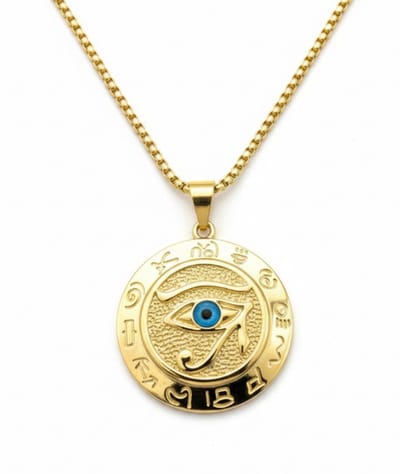 Goudkleurige ronde hanger ketting voor heren – ketting met oog van Horus symbool en blauwe details
