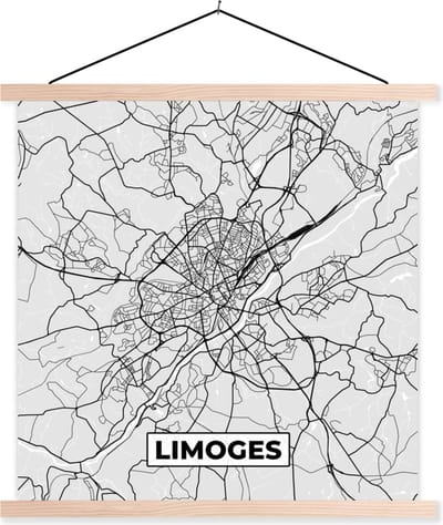 Posterhanger incl. Poster 40x40 cm - Schoolplaat - Stadskaart - Frankrijk - Kaart - Limoges - Plattegrond - Textielposter - Blanke latten - Stadskaart