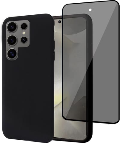 Geschikt voor Samsung Galaxy S24 Ultra - Hoesje + Privacy Screenprotector – Privé Gehard Glas Cover - Suède Case Zwart