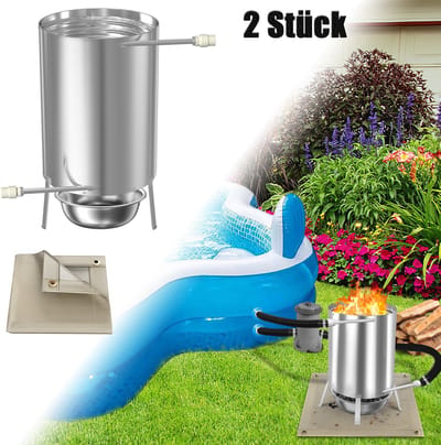 Froadp 2e Edelstahl Poolheizung Feuertonne Met Heizspirale, Zwembadverwarming Vuurton Ø32/ Ø38mm 2 In 1 Anschluss, Brennholz Heizung, Met Feuerschutzmatte & Restasche Auffangwanne, 28 L Inhalt Gartendusche Heizungen, Silber