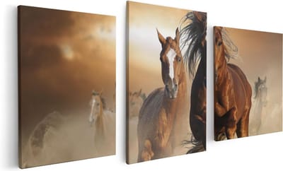 Artaza Canvas Schilderij Drieluik Wilde Paarden In Het Zand - 120x60 - Foto Op Canvas - Canvas Print