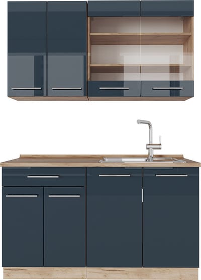 Vicco Fame-Line Keukenblok – 140 cm zonder werkblad Donkerblauw hoogglans/gouden eik