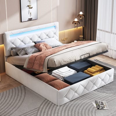 Gestoffeerd bed 140 x 200 cm met oplaadpunten en ledverlichting, tweepersoonsbed met verstelbaar hoofdeinde en hydraulische opbergruimte, opbergbed met lattenbodem, jeugdbed, fluweel, beige, zonder matras (splitsen voor 2 pakketten voor verzending)