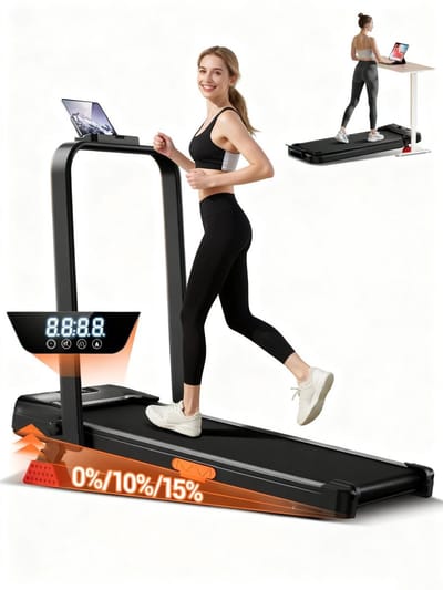 6-in-1 opvouwbare loopband met een stille motor. De loopband beschikt over een instelbare helling tot 15%, een verend loopvlak en ondersteunt een maximaal gewicht van 136 kg