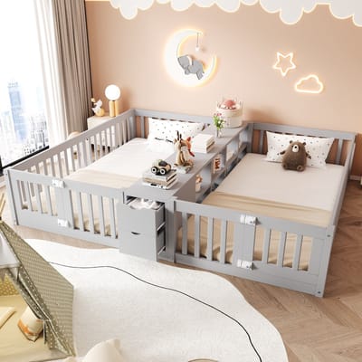Sweiko Kinderbed - 90 x 200 cm *2 - Houten bed - 2 lades - Opbergrek - Veiligheidshek - Grijs (Geen bodem)