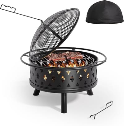 Vuurschaal met vonkbescherming en pookhaak - 76 cm diameter, inclusief grillrooster en waterdichte hoes