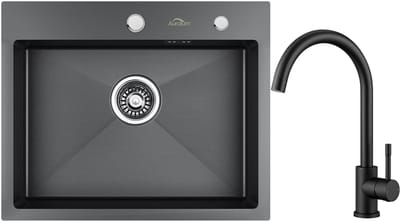 Auralum max Spoelbak Keuken 55x45 - Met keukenkraan - Gootsteen RVS - Spoelbak Met Kraangat – Spoelbakken Keuken – Spoelbak met Afdruipgedeelte - Antraciet