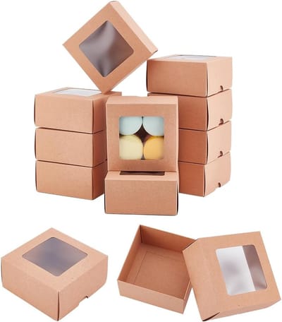 Luxe Geschenkdozen met Venster - Set van 12 - Kraftpapier - 10,5 x 10,5 x 3 cm - Cadeauverpakking voor Sieraden, Koekjes & Bedankjes - Duurzaam & Opvouwbaar - Bruin