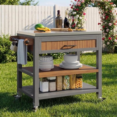 Tuinkast met werkblad - Buitenkast Grillstation - Buiten koken - Met RVS werkblad - 80x51x91.5cm - Houtkleurig