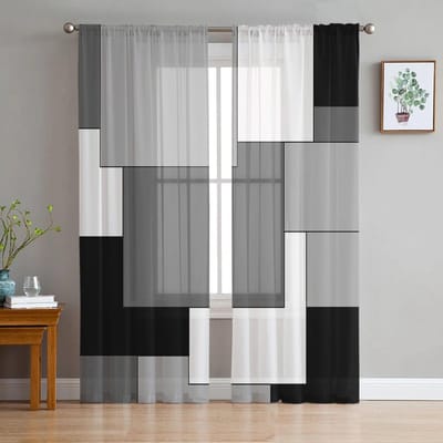 Rood Zwart Grijs Mozaïek Abstract Huis Tule Gordijnen voor Slaapkamer Woonkamer Bedrukte Transparante Gordijnen voor Balkon Zomer Huisdecoratie 135W x 114H(cm)