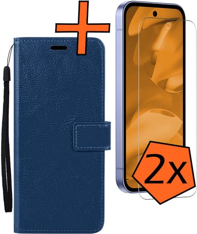 Hoes - Met 2x Screenprotector - Geschikt voor Google Pixel 9a - Luxe Pasjeshouder - Bookcase Portemonee - Flip Case - Kunstleer Book Case - Flipcase Hoes - Book Cover - Walletcase - PortemonneeHoes - Donkerblauw