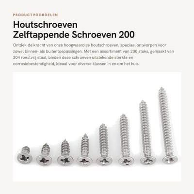 Schroevenset met houtschroeven - Zelftappende schroeven - Assortiment set - 200 stuks - RVS - Phillips - Geschikt voor houtbewerking - Plat hoofd.