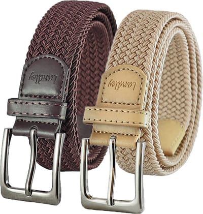 Landley Elastische Gevlochten Stretch Riemen Duopack - Voordeelset met 2 riemen - Dames en Heren - Bruin en Beige - Lengte totaal 120 cm / Riemmaat 105