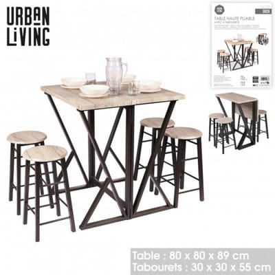 Urban Living - Hoge Inklapbare Bartafel met 4 Barstoelen