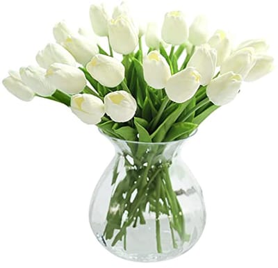 SnelShoppen - 10 Pcs PU Real Touch Latex Kunstmatige Tulpen - Fake Tulpen Bloemenboeket voor Huiskamer, Bruiloft, Cafe - Wit - Realistische Bloemarran