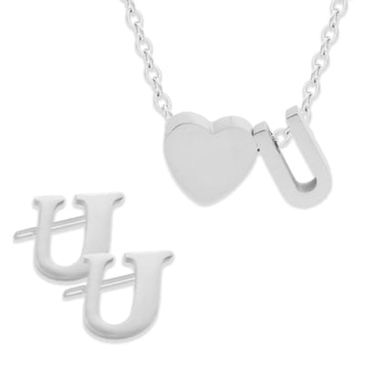 Initiaal Ketting & Oorbellen set met Letter U ZIlverkleurig - Stainless Steel - Met letter & Hartje! - 2x Sieraden Cadeau - Pax Amare