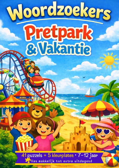 Vakantie doeboek voor kinderen 7-12 jaar – 41 woordzoekers, puzzels & kleurplaten – Pretpark & Vakantie puzzelboek