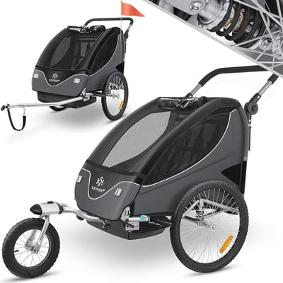 Kinderfietskar 360° Draaibaar met Vering en Jogger Functie voor 2 Kinderen tot 40kg - Zwart/Antraciet