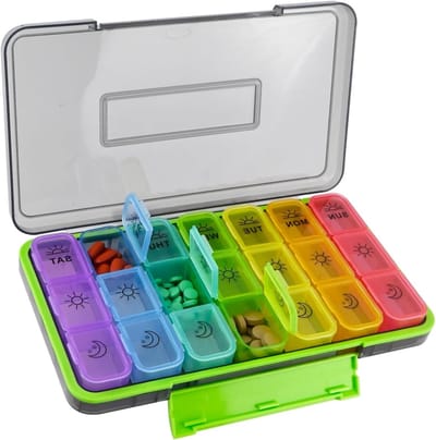 Medicijnbox voor 7 Dagen - Ochtend, Middag en Avond Pillendoos met 21 Compartimenten, BPA-vrij en Vochtbestendig, Ideaal voor Reizen en Ouderen