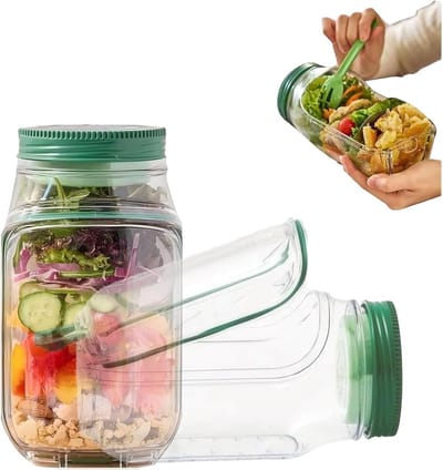 QTTVBTNA -Salad Container - Meal Prep Container - Salade Pod Jar, draagbare saladepod met zijopening, lekvrije gelaagde saladecontainer met ingebouwde kom en sausdoos, lunchbox voor verse salade voor kantoor, reizen en picknick