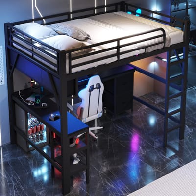 Metalen hoogslaper voor spelletjes 140 x 200 cm - met boekenplank - bureau - kast - USB en LED-verlichting - zwart
