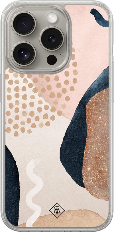 Casimoda® hoesje - Geschikt voor iPhone 15 Pro Max - Abstract Dots - 2-in-1 case - Schokbestendig - Geometrisch patroon - Verhoogde randen - Bruin/beige, Transparant