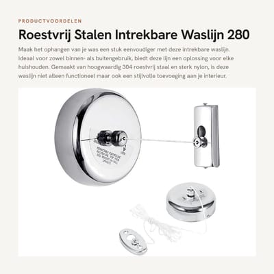 ZEYNOMAX- Waslijn Intrekbaar 2,8M - Roestvrij Staal - Nylon - Binnen/Buiten - Hoge Belastbaarheid 10 kg - Eenvoudig te Installeren - Kledinglijn