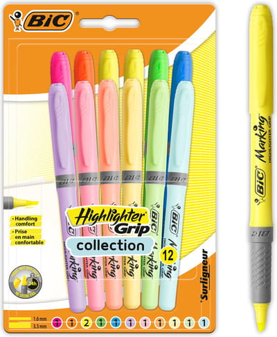 BIC Highlighter Grip - Markeerstiften - Highlighter in Fluo en Pastel Kleuren - Fluostiften met Schuine punt - 12 Stuks