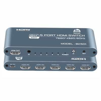 Delmark 5 naar 1 HDMI 2.1 Switch - 8K/60Hz - Aluminium Behuizing - IR Afstandsbediening - 5 apparaten op 1 Monitor